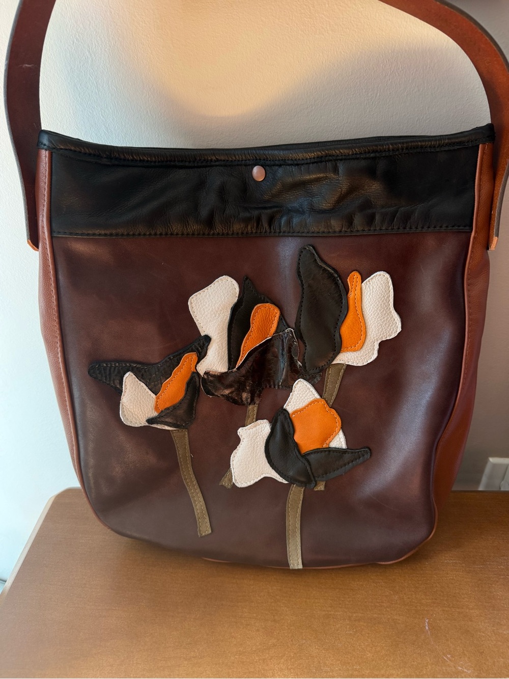 Kilner Goods Handmade Leather Floral Appliqué Shoulder Bag - Brown & Black